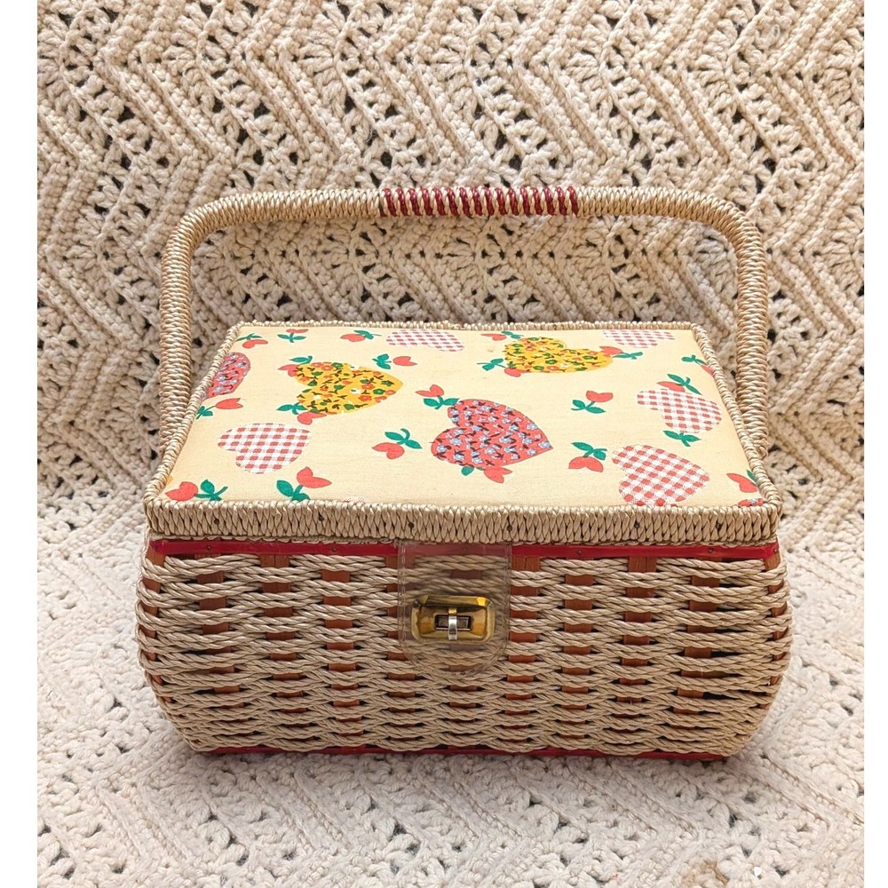 Vintage Wicker Sewing Basket Fun Retro Heart Print Padded Lid Craft Storage
